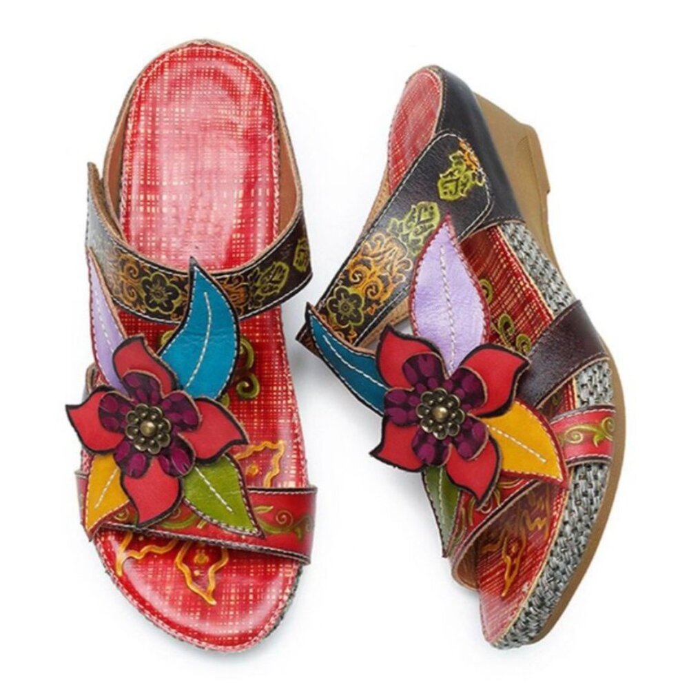 SOCOFY 39 7.5 Flower Colorful Summer Bohemian Floral Wedge Heel Sandals Open Toe